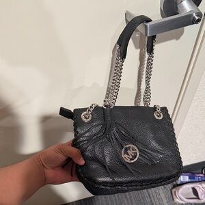 Michael Kors Black Leather Shoulder Bag with Silver Chain